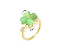 Dtja Heart Clover Rotating Statement Ring for Women Gold Plated Adjustable Crystal Love Green Cat's Eye Shamrock Flower Leaf Open Wrap Anxiety Rings Comfort Fit Lucky Holiday Wedding Jewelry Gift