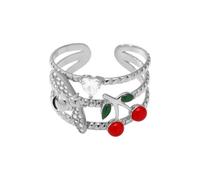 Dtja Layered Cherry Bee Statement Ring for Women Stainless Steel Fashion Dainty Adjustable Expandable Crystal Heart Insect Animal Wide Open Band Finger Rings Cute Holiday Party Jewelry, Adjustable