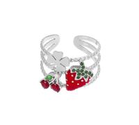 Dtja Layered Cherry Clover Leaf Statement Ring for Women Stainless Steel Fashion Dainty Adjustable Expandable Strawberry Fruit Wide Open Band Finger Rings Cute Holiday Party Jewelry, Adjustable, Metal