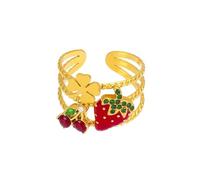Dtja Layered Cherry Clover Leaf Statement Ring for Women Stainless Steel Fashion Dainty Adjustable Expandable Strawberry Fruit Wide Open Band Finger Rings Cute Holiday Party Jewelry, Adjustable, Metal