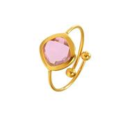 Dtja Princess Cut Glass Statement Stacking Adjustable Ring for Women Gold-Toned Titanium Stainless Steel Expandable Wedding Engagement Bezel Square Artificial Birthstone Beaded Open Wrap Rings