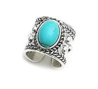 Dtja Turquoise Adjustable Open Wide Band Ring for Women Girls Vintage Boho Ball Bead Blue Stone Knuckle Finger Rings Comfort Fit Bohemian Birthday Christmas Retro Party Jewelry Gift, Metal