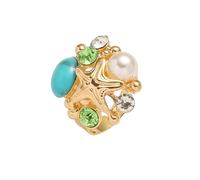 Dtja Turquoise Shell Pearl Starfish Statetment Ring for Women Gold Plated Fashion Clear Green CZ Crystal Star Shaped Adjustable Open Wrap Finger Rings Comfort Fit Summer Holiday Jewelry Gift