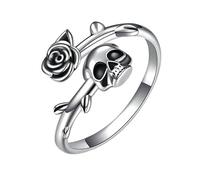 Dtja Vintage Skull Flower Stacking Statement Ring for Women Silver Plated Retro Adjustable Expandable Halloween Open Wrap Finger Rings Comfort Fit Unique Holiday Theme Party Accessories Jewelry