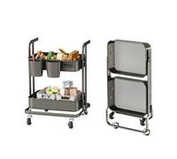 DTK 2 Tier Metal Foldable Utility Rolling Storage Cart, Handle and Locking Wheels, 3 Small Baskets and 6 Hooks, Folding Storage Cart for Kitchen Bathroom Office Living Room, Black