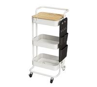 DTK 3 Tier Metal Utility Rolling Cart with Table Top and Side Bags, Metal Tray Storage Organizer Cart with Wheels, Art Craft Cart with 4 Hooks for Kitchen Bathroom Office Living Room (White)