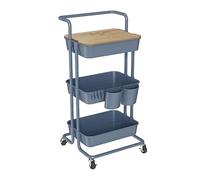 DTK 3 Tier Utility Rolling Cart with Cover Board, Rolling Storage Cart with Handle and Locking Wheels Kitchen Cart with 2 Small Baskets and 4 Hooks for Bathroom Office Balcony Living Room(Blue)
