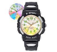 DTKID 7 Colorful Lights Children's Watch Boys Girls, Kids 30 M Waterproof Analog Watches Soft Rubber Band, Easy to Read Dial Time Lessons Wristwatch Children 5-18 Years Old, Black-Silver, sport