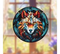 DTLIFEK Wolf Stained Glass Window Hanging 5.9in Wolf Pattern Stained Glass Suncatcher Jungle Animal Acrylic Hanging Ornament with Metal Chain for Women Home Christmas Wild Animal Lover Decoration 073