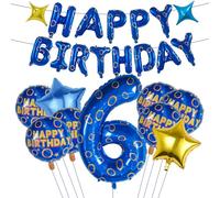 DTMEFJ Blue & Gold Ring 6th Birthday Party Decorations, 24PCS Balloons Kit, Includes Banner, Numbers, Stars & Pentagrams, Self-Sealing, Reusable, Perfect for Boys & Girls