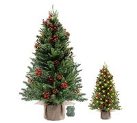 DTNESS 3 FT Mini Tabletop Christmas Tree, Artificial Christmas Tree with 80 LED Light Beads and 170 PE+PVC Branch Tips Battery Powered, Pine Cones and Red Berries Included for DIY Xmas Decorations