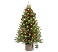 DTNESS 3 FT Mini Tabletop Christmas Tree, Artificial Christmas Tree with 80 LED Light Beads and 170 PE+PVC Branch Tips Battery Powered, Pine Cones and Red Berries Included for DIY Xmas Decorations
