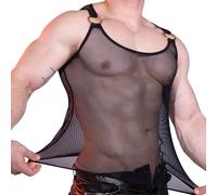 DTODWW Men's Mesh Harness Tank Top - Mesh Sheer Body Vest with Metal Ring Shoulder Straps Underwear Shirt Gym Nightclub Party,Black