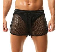 DTODWW Men's Mesh Short Mens Fishnet Underwear Boxer Shorts Mesh Trunks See Through Shorts Black