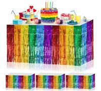 DTOFOOT 4 Pack Rainbow Party Accessories, Pride Rainbow Table Skirts Metallic Foil Fringe Table Rainbow Skirts for LGBTQ Gay Pride Birthday Party Supplies Wedding Eurovision Deko