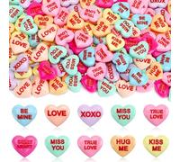 DTOFOOT 60 Pcs Conversation Hearts Decorations, Resin Candy Hearts for DIY Jewelry Making, Mini Heart Charms with XOXO True Love Phrases, Valentine's Day Craft Supplies