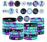 DTOFOOT 64PCS Suicide Prevention Awareness Party Favors Purple Teal Ribbon Button Badges Pins Inspirational Silicone Bracelets for Suicide Prevention Awareness Inspirational Favor Charity Campaign Sup
