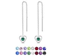 DTPsilver® 925 Sterling Silver Pull Through Drop Chain Earrings & Dangling Heart with SMALL Round 3 mm Glittering Crystals from Swarovski® Elements - Total Length 68 mm - Colour : Green Emerald