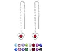 DTPsilver® 925 Sterling Silver Pull Through Drop Chain Earrings & Dangling Heart with SMALL Round 3 mm Glittering Crystals from Swarovski® Elements - Total Length 68 mm - Colour : Ruby