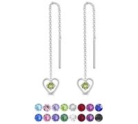 DTPsilver® 925 Sterling Silver Pull Through Drop Chain Earrings & Dangling Heart with SMALL Round 3 mm Glittering Crystals from Swarovski® Elements - Total Length 68 mm - Colour : Peridot