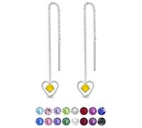 DTPsilver® 925 Sterling Silver Pull Through Drop Chain Earrings & Dangling Heart with SMALL Round 3 mm Glittering Crystals from Swarovski® Elements - Total Length 68 mm - Colour : Yellow Opal