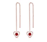 DTPsilver® 925 Sterling Silver Rose Gold Plated Pull Through Drop Chain Earrings & Dangling Heart with SMALL Round 3 mm Crystals from Swarovski® Elements - Length 68 mm - Colour : Red Light Siam