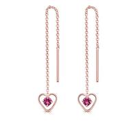 DTPsilver® 925 Sterling Silver Rose Gold Plated Pull Through Drop Chain Earrings & Dangling Heart with SMALL Round 3 mm Crystals from Swarovski® Elements - Length 68 mm