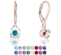 DTPSilver - 925 Sterling Silver Rose Gold Plated Round Dangle Leverback Earrings made with Glittering Crystals from Swarovski® Elements - Diameter: 6 mm - Colour : Aurora Borealis