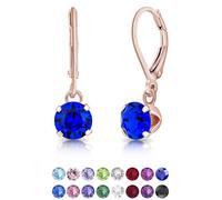 DTPSilver - 925 Sterling Silver Rose Gold Plated Round Dangle Leverback Earrings made with Glittering Crystals from Swarovski® Elements - Diameter: 6 mm - Colour : Majectic Blue