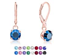 DTPSilver - 925 Sterling Silver Rose Gold Plated Round Dangle Leverback Earrings made with Glittering Crystals from Swarovski® Elements - Diameter: 6 mm - Colour : Metalic Blue