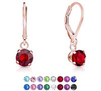 DTPSilver - 925 Sterling Silver Rose Gold Plated Round Dangle Leverback Earrings made with Glittering Crystals from Swarovski® Elements - Diameter: 6 mm - Colour : Red Light Siam