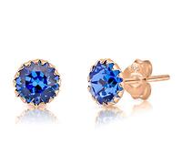 DTPSilver - 925 Sterling Silver Rose Gold Plated Round Stud Earrings made with Glittering Crystals from Swarovski® Elements - Diameter: 6 mm - Colour : Blue Sapphire