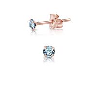 DTPSilver - 925 Sterling Silver Rose Gold plated Round TINY Stud Earrings made with Glittering Crystals from Swarovski® Elements - Diameter: 3 mm - Colour : Blue Aquamarine
