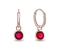 DTPsilver® 925 Sterling Silver Rose Gold Plated SMALL Hoops Earrings - Dangling 5 mm Round Glittering Crystals from Swarovski® Elements - Diameter 12 mm - Colour: Ruby
