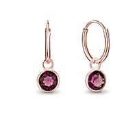 DTPsilver® 925 Sterling Silver Rose Gold Plated SMALL Hoops Earrings - Dangling 5 mm Round Glittering Crystals from Swarovski® Elements - Diameter 14 mm - Colour: Purple Amethyst