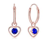 DTPsilver® 925 Sterling Silver Rose Gold Plated SMALL Hoops Earrings & Dangling Heart with 3 mm Crystals from Swarovski® Elements - Thickness 1.5 mm - Diameter: 14 mm - Colour : Majectic Blue