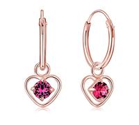 DTPsilver® 925 Sterling Silver Rose Gold Plated SMALL Hoops Earrings & Dangling Heart with 3 mm Crystals from Swarovski® Elements - Thickness 1.2 mm - Diameter: 12 mm - Many Colours to choose from