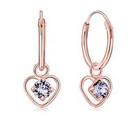 DTPsilver® 925 Sterling Silver Rose Gold Plated SMALL Hoops Earrings & Dangling Heart with 3 mm Crystals from Swarovski® Elements - Thickness 1.5 mm - Diameter: 14 mm