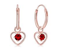 DTPsilver® 925 Sterling Silver Rose Gold Plated SMALL Hoops Earrings & Dangling Heart with 3 mm Crystals from Swarovski® Elements - Thickness 1.2 mm - Diameter: 12 mm - Colour : Red Light Siam