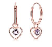 DTPsilver® 925 Sterling Silver Rose Gold Plated SMALL Hoops Earrings & Dangling Heart with 3 mm Crystals from Swarovski® Elements - Thickness 1.2 mm - Diameter: 12 mm - Colour : Violet