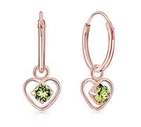 DTPsilver® 925 Sterling Silver Rose Gold Plated SMALL Hoops Earrings & Dangling Heart with 3 mm Crystals from Swarovski® Elements - Thickness 1.5 mm - Diameter: 14 mm - Colour : Peridot