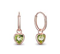 DTPsilver® 925 Sterling Silver Rose Gold Plated SMALL Hoops Earrings & Glittering 5 mm Dangling Heart Crystals from Swarovski® Elements - Thickness 1.2 mm - Diameter 12 mm - Colour: Peridot