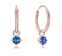 DTPsilver® 925 Sterling Silver Rose Gold Plated SMALL Hoops Earrings & Round Dangling 3 mm Crystals from Swarovski® Elements - Thickness 1.2 mm - Diameter: 12 mm