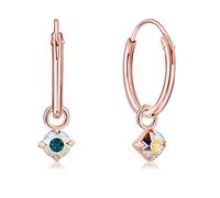 DTPsilver® 925 Sterling Silver Rose Gold Plated SMALL Hoops Earrings & Round Dangling 3 mm Crystals from Swarovski® Elements - Thickness 1.5 mm - Diameter: 14 mm - Colour : Aurora Borealis