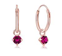 DTPsilver® 925 Sterling Silver Rose Gold Plated SMALL Hoops Earrings & Round Dangling 3 mm Crystals from Swarovski® Elements - Thickness 1.5 mm - Diameter: 14 mm - Colour : Fuchsia