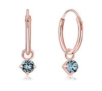 DTPsilver® 925 Sterling Silver Rose Gold Plated SMALL Hoops Earrings & Round Dangling 3 mm Crystals from Swarovski® Elements - Thickness 1.2 mm - Diameter: 12 mm - Colour : Blue Aquamarine
