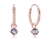 DTPsilver® 925 Sterling Silver Rose Gold Plated SMALL Hoops Earrings & Round Dangling 3 mm Crystals from Swarovski® Elements - Thickness 1.5 mm - Diameter: 14 mm