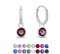 DTPsilver® 925 Sterling Silver SMALL Hoops Earrings - Dangling 5 mm Round Glittering Crystals from Swarovski® Elements - Diameter 12 mm - Colour: Purple Amethyst