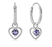 DTPsilver® 925 Sterling Silver SMALL Hoops Earrings & Dangling Heart with 3 mm Glittering Crystals from Swarovski® Elements - Thickness 1.2 mm - Diameter: 12 mm - Colour : Tanzanite