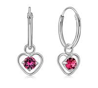DTPsilver® 925 Sterling Silver SMALL Hoops Earrings & Dangling Heart with 3 mm Glittering Crystals from Swarovski® Elements - Thickness 1.5 mm - Diameter: 14 mm - Colour : Rose
